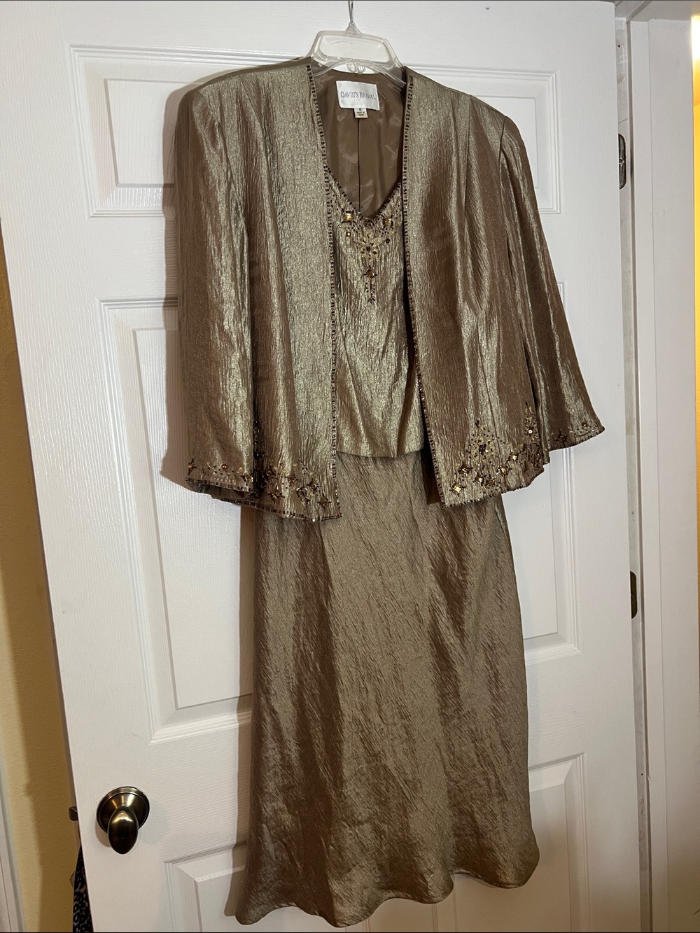 David's Bridal Metallic Taupe Midi Dress and Jacket Set